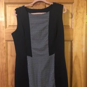 Navy and white polka dot sheath dress